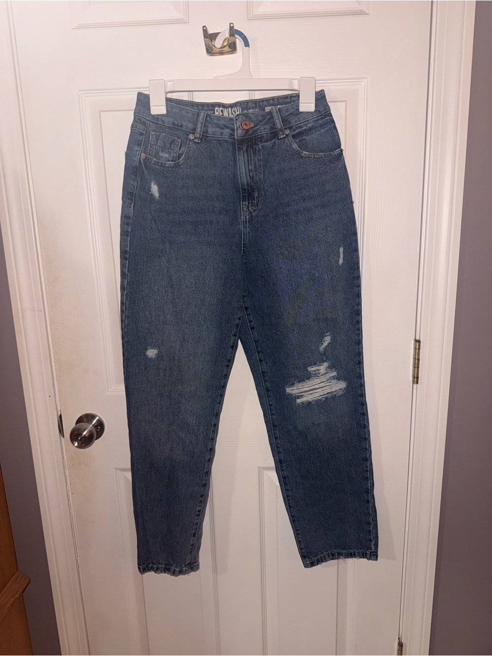 Rewash Dark Blue High-Rise Distressed Women's Jeans